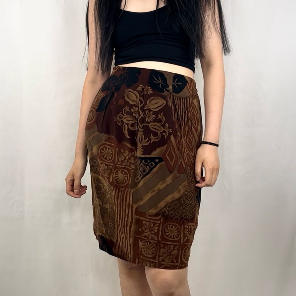 Vintage JH Collectibles Brown Printed Silk Pencil Skirt